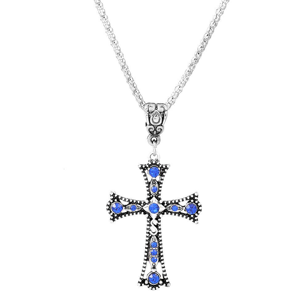 Retro Style Colorful Zircon Hollow Letter Cross Necklaces