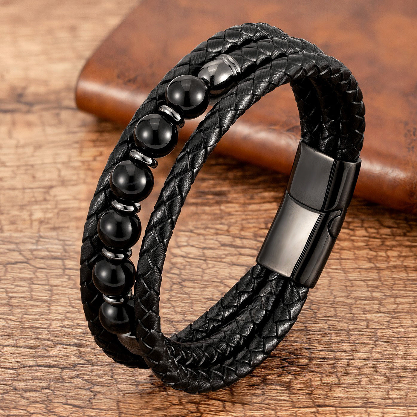 Men's Woven Leather Color Beaded Source Bracelets