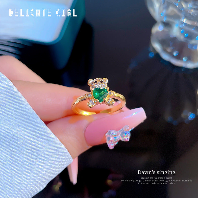 Real Gold Diamond Bear Open Female Minority Simple Rings