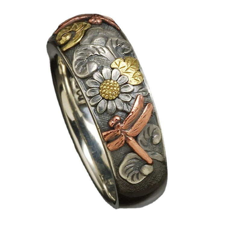Slouchy Vintage geschnitzte Blumen-Libellen-Sonnenblumen-Ringe