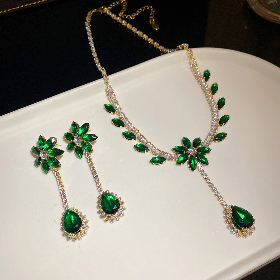 Flower Female Emerald Vintage Clavicle Chain Earrings
