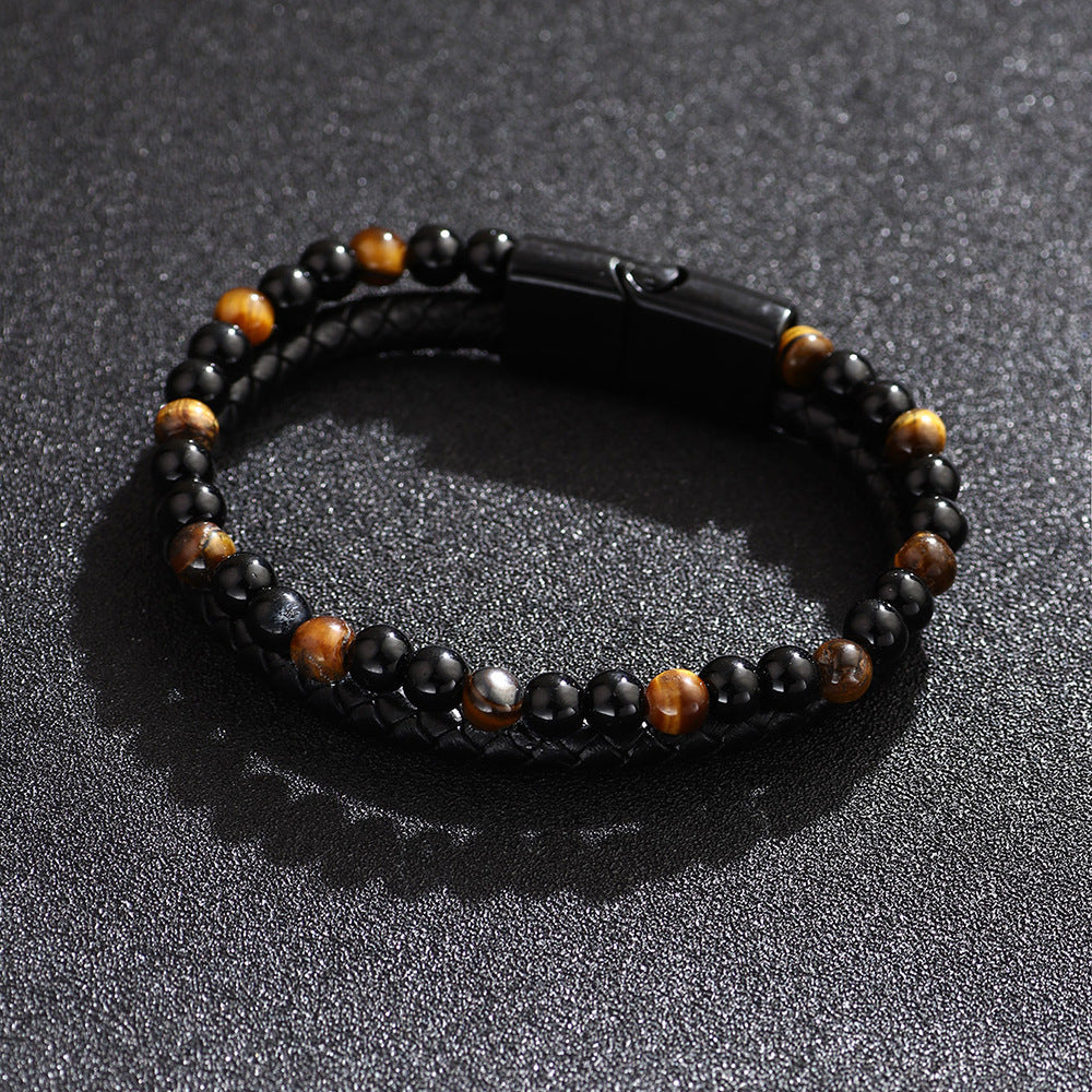 Men's Stone Tigereye Beaded Cowhide String Agate Bracelets