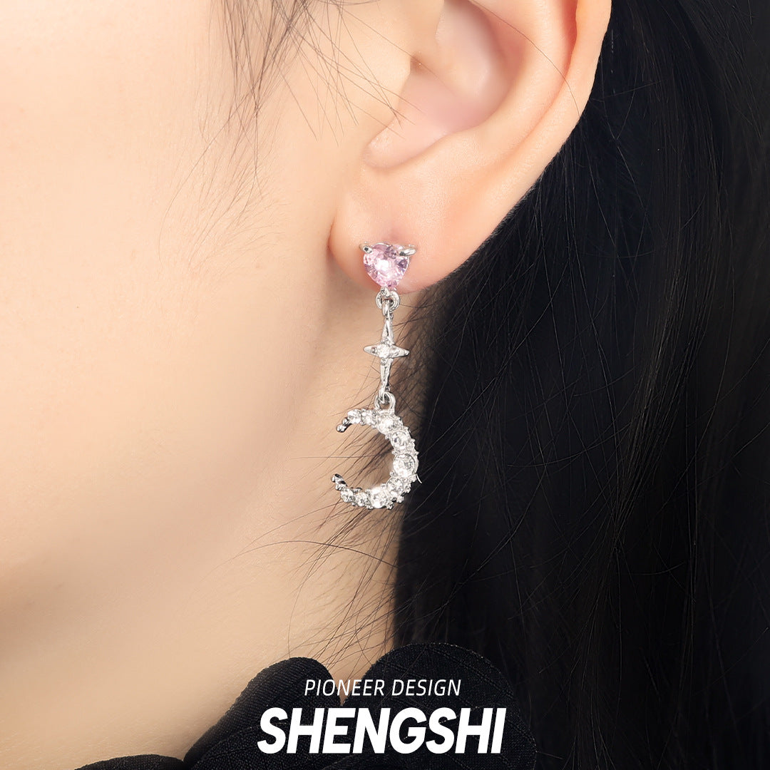 Women's Niche Asymmetric Pink Diamond Love Star Earrings