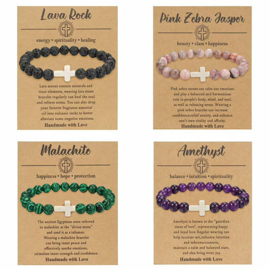 Cross Natural Stone Beaded Tigereye Volcanic Rock Adjustable Bracelet