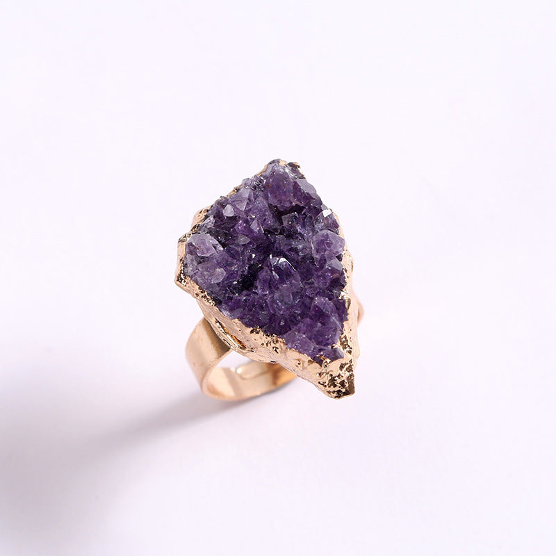 Amethyst Cluster Electroplated Golden Open-end Crystal Tooth Ring