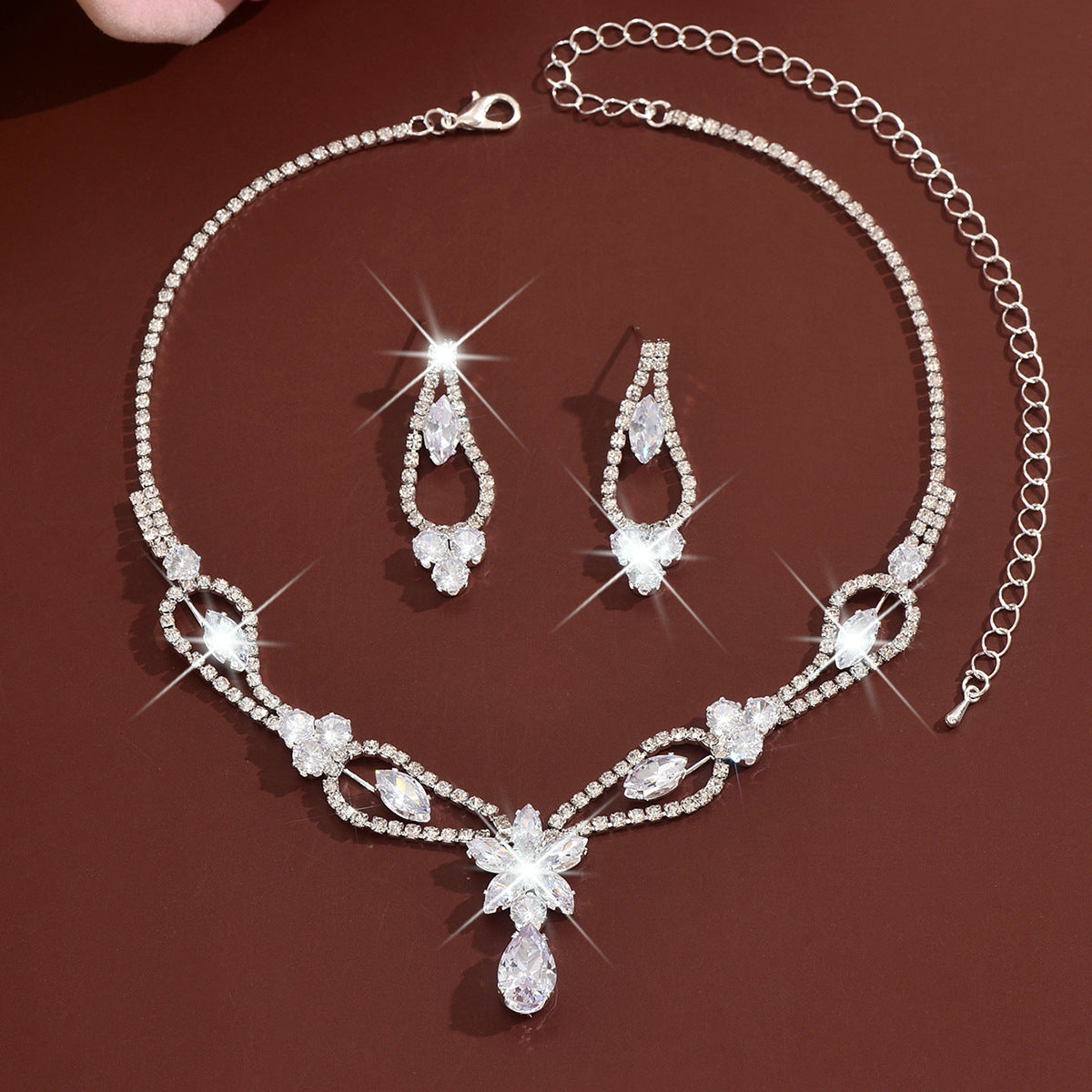 French Sweet Rhinestone Flower Bridal Wedding Fashion High Sense Copper Jewelry Set