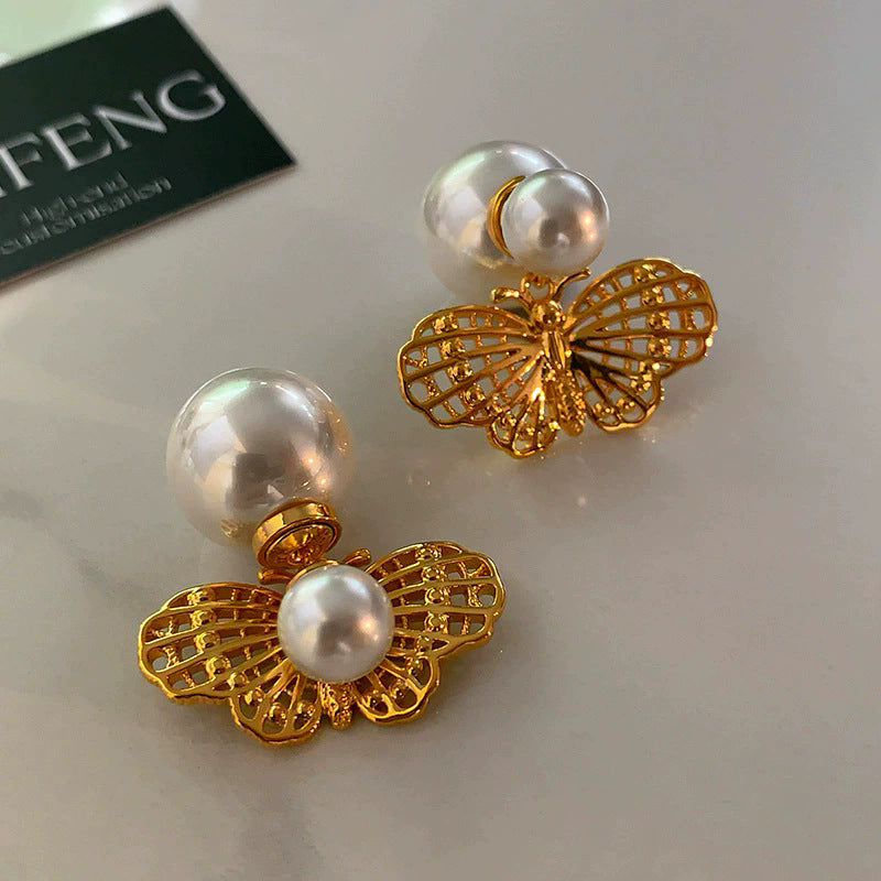 Women's Golden Butterfly Large Pearl Light Luxury Temperament High-grade Earrings