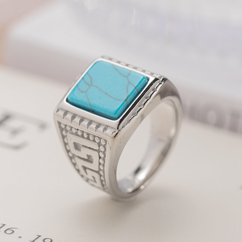 Men's Retro Style Turquoise Titanium Steel Fashion Rings