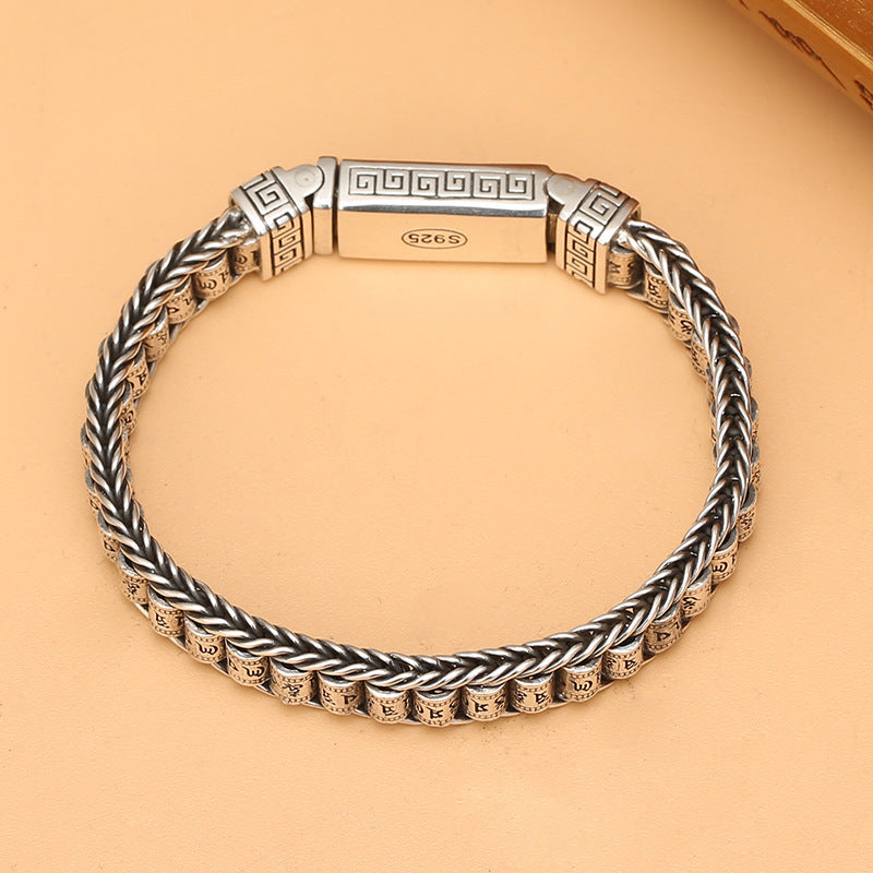 Men's Right Rain Hand-woven Mantra Roller Sier Bracelets