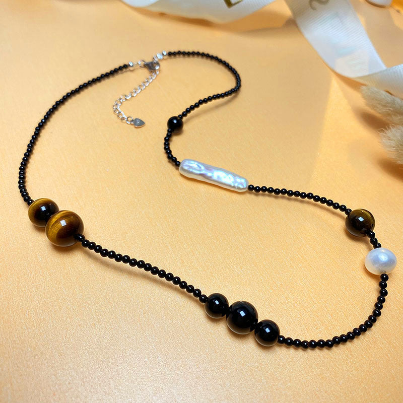 Sier Natural Tigereye Freshwater Pearl Clavicle Chain Temperament Personality Necklaces