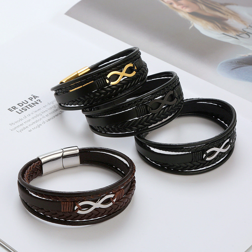 Men's Cowhide Simple Titanium Steel Handmade Leather Bracelets