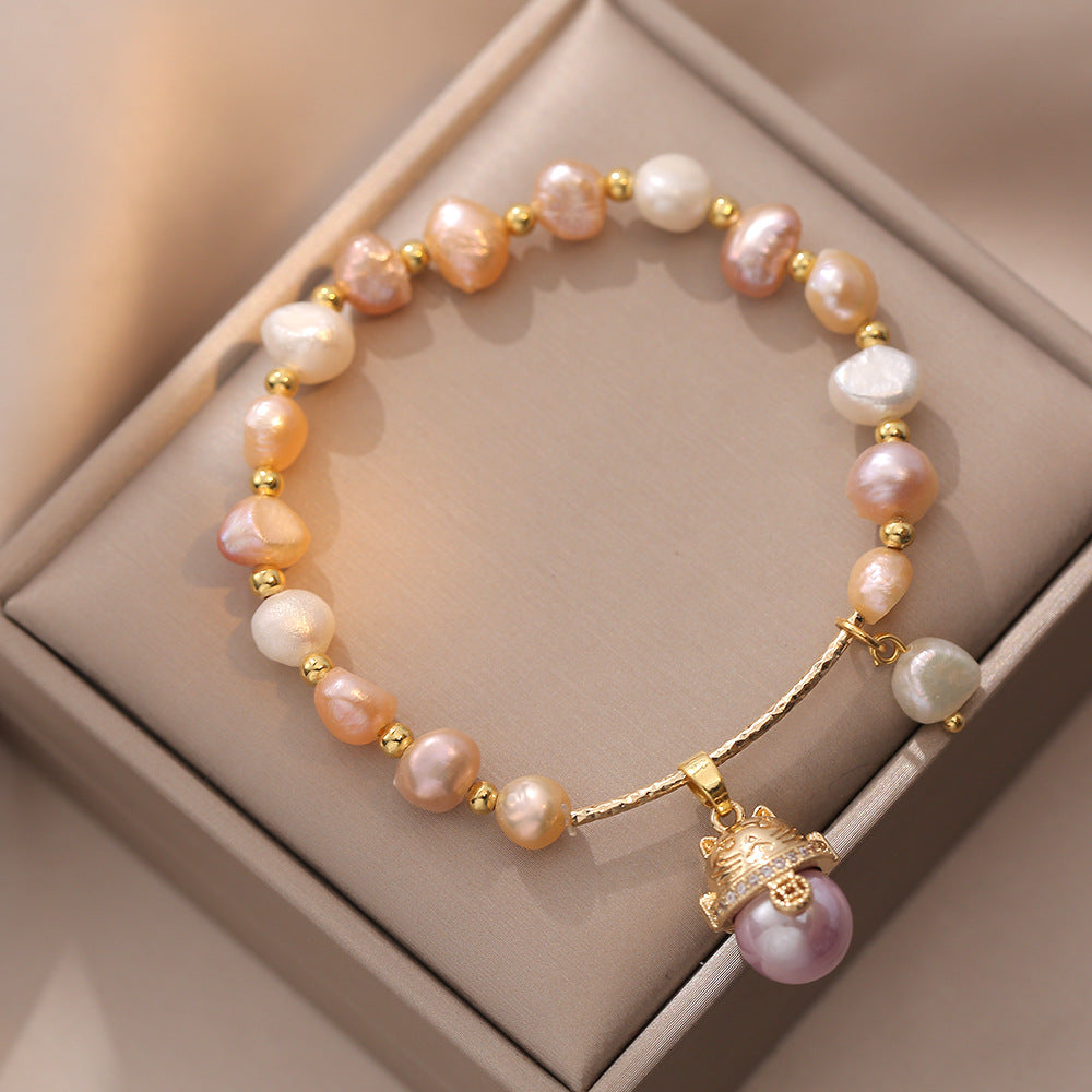 Female Freshwater Pearl Zircon Lucky Cat Chinese Bracelets