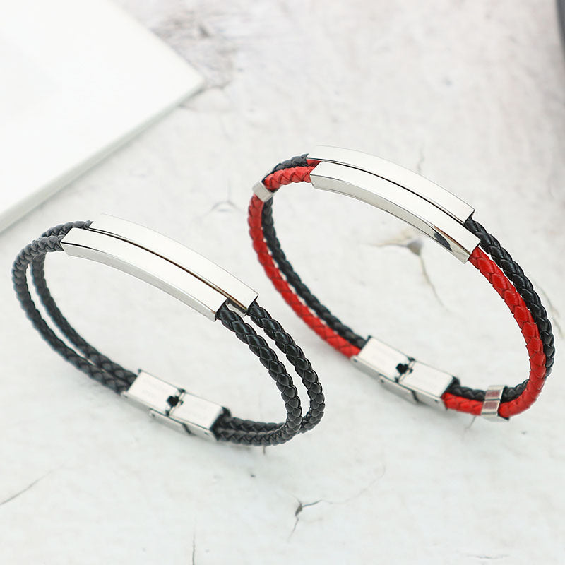 Woven Leather String Stainless Steel Couple Bracelets