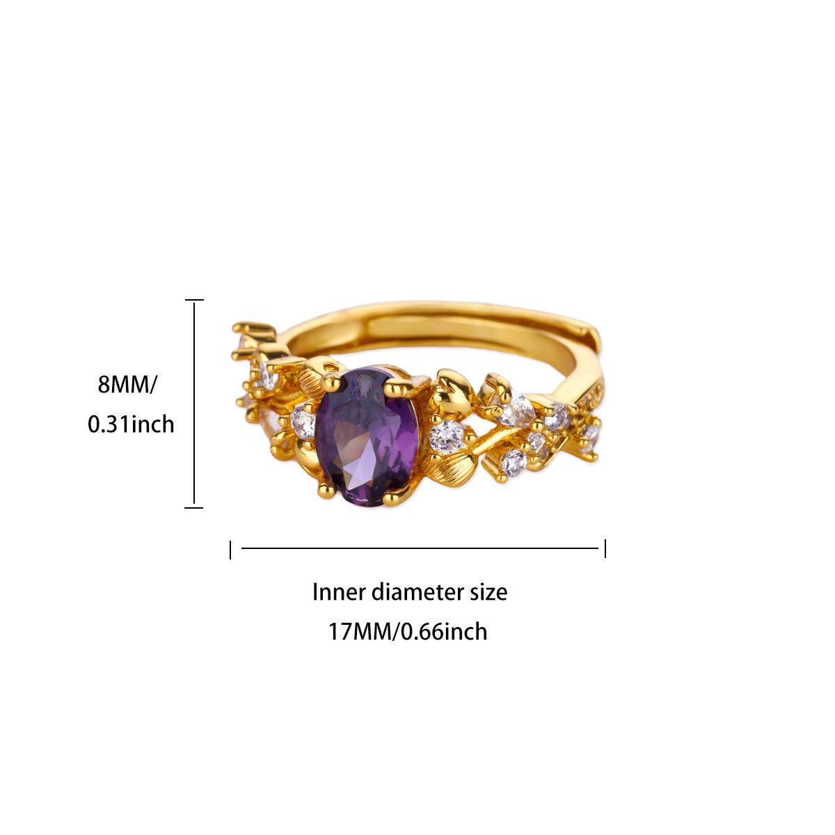 Sweet Loving Heart Purple Bow Zircon Gold-plated Ring