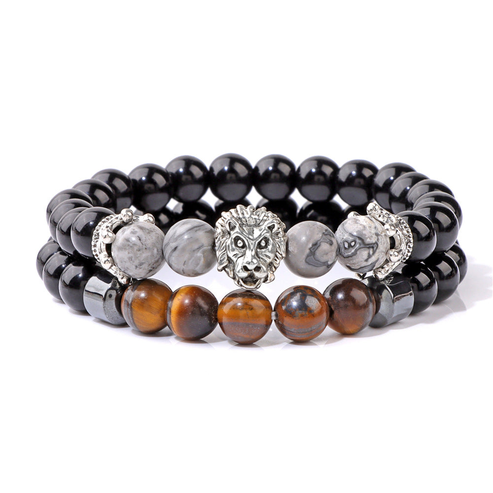 Men's Natural Stone Beads Retro Business Bright Black Lion's Bracelet