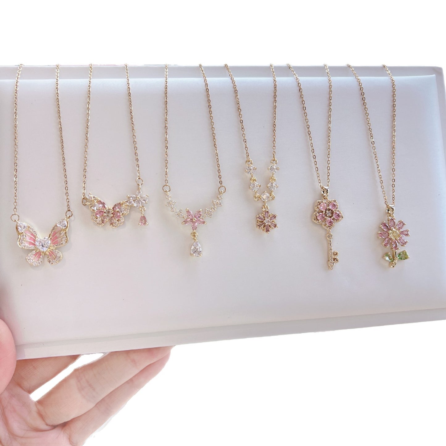 Luxury Sweet Super Pink Flowers Water Drop Female Fully Jeweled Necklace