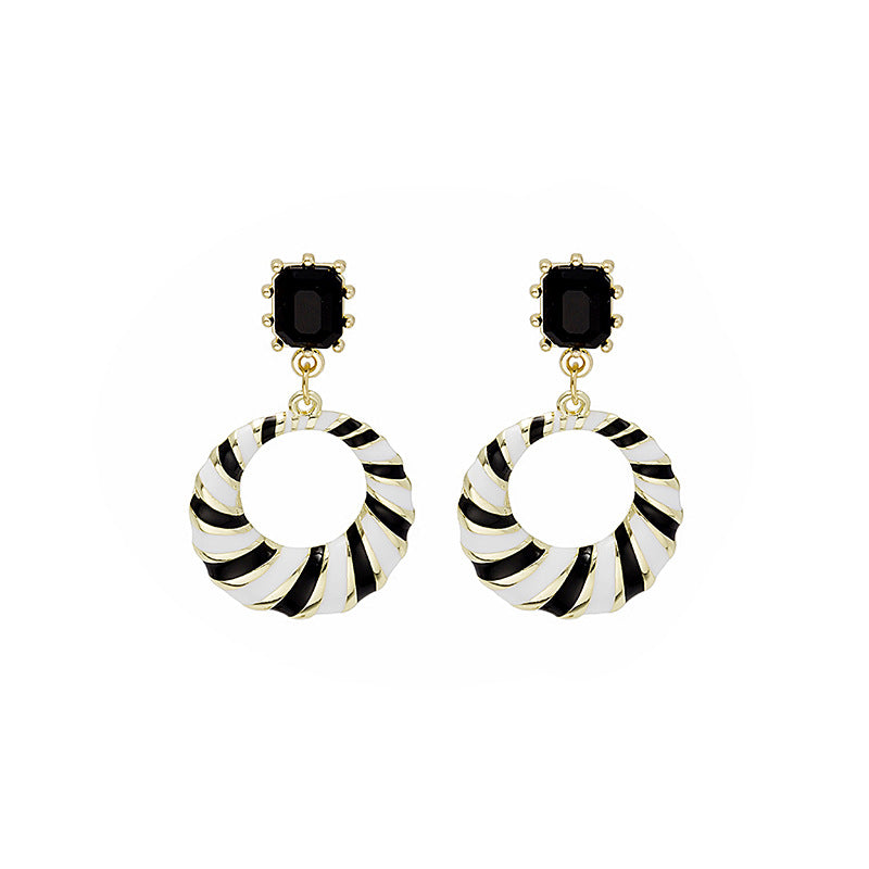 Sier Needle Black And White Polka Dot Drop Earrings