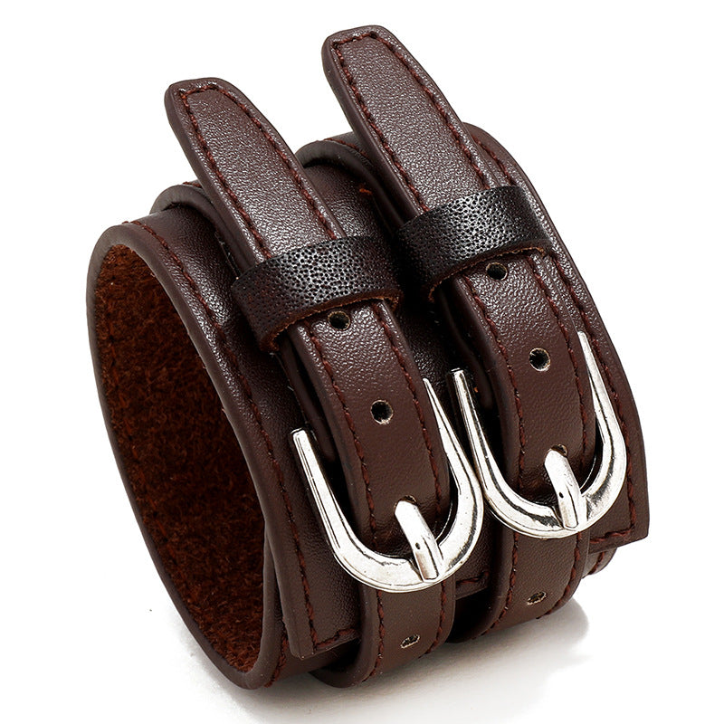 Men's Punk Personality Leather Simple Wide Double Bracelets