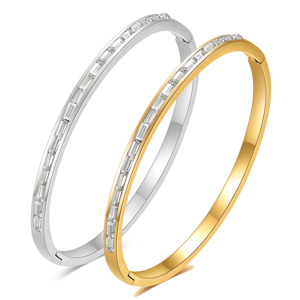 Simple Strip Inlaid Zirconium Stainless Steel Oval Open-ended Bracelet