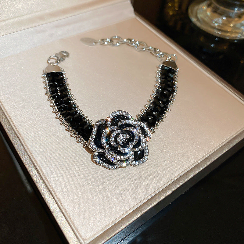 Black Camellia Flower Crystal Light Luxury Bracelets