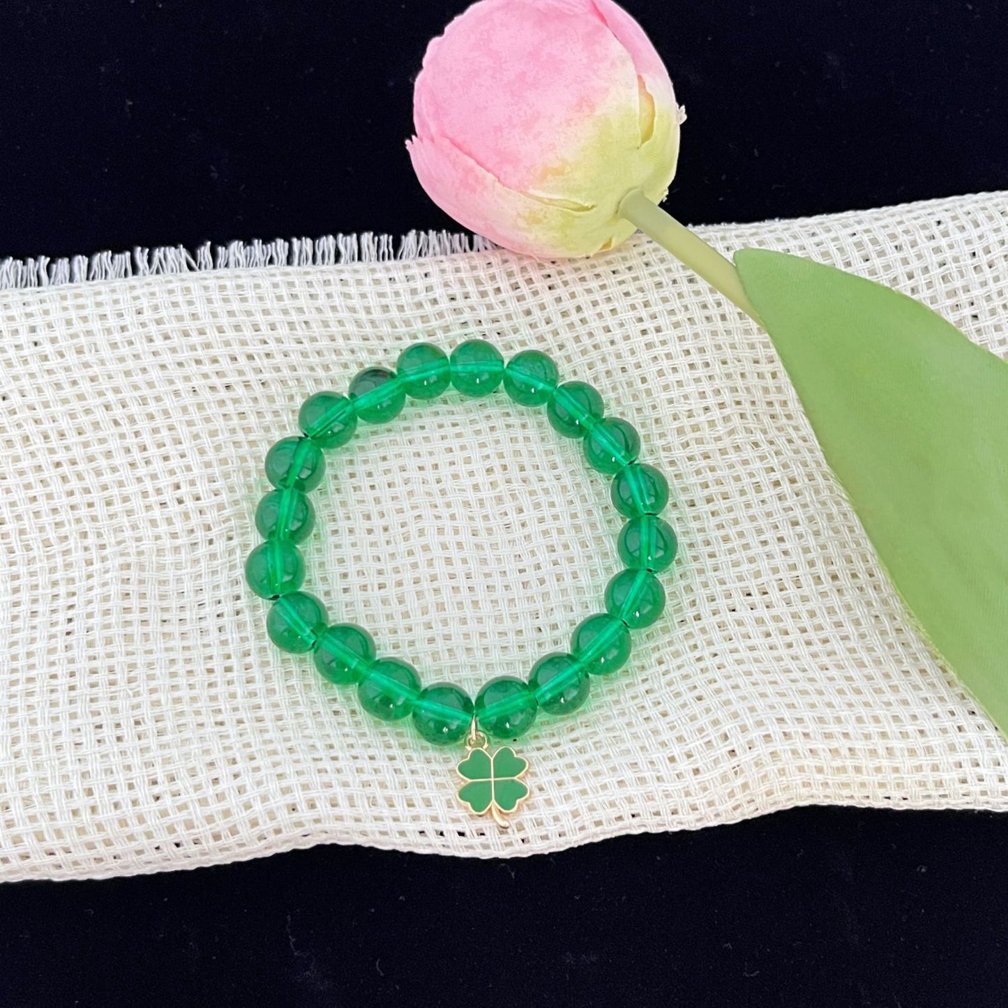 Women's Green Natural Stone Clover Heart Of Bracelets