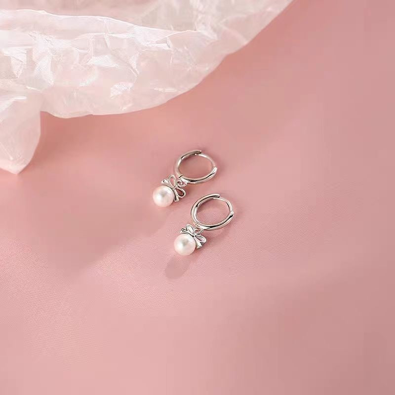 Sier Needle Tassel Bow Artificial Pearl Female Ear Buckle