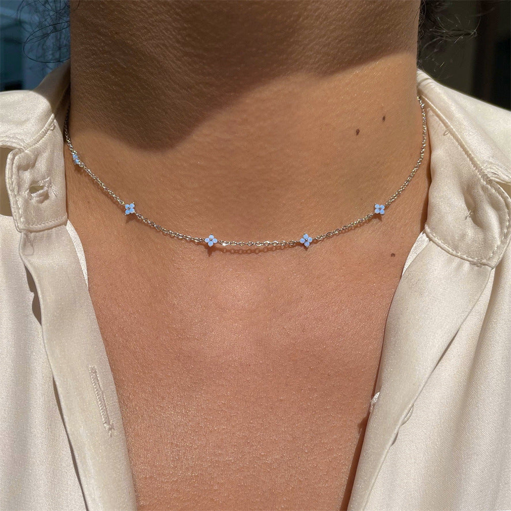 Women's Small Blue Flowers Sweet Temperament Clavicle Chain Micro Inlaid Jewelry Set