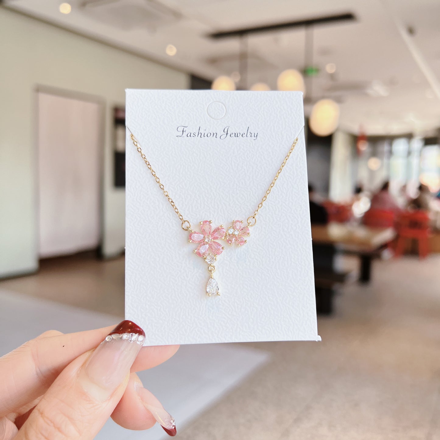 Luxury Sweet Super Pink Flowers Water Drop Female Fully Jeweled Necklace