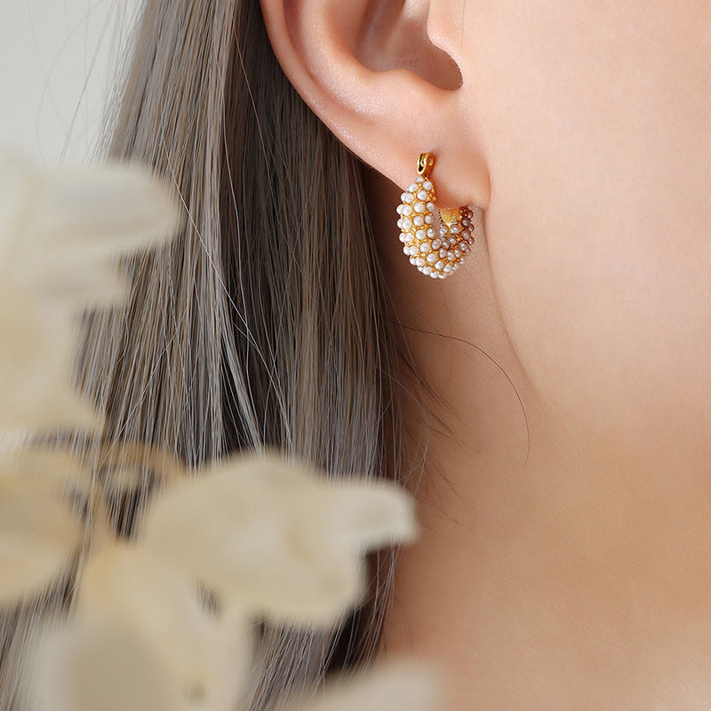 Women's Imitation Pearl Light Luxury Temperament U-shaped Handbag Shape Ear Titanium Rings