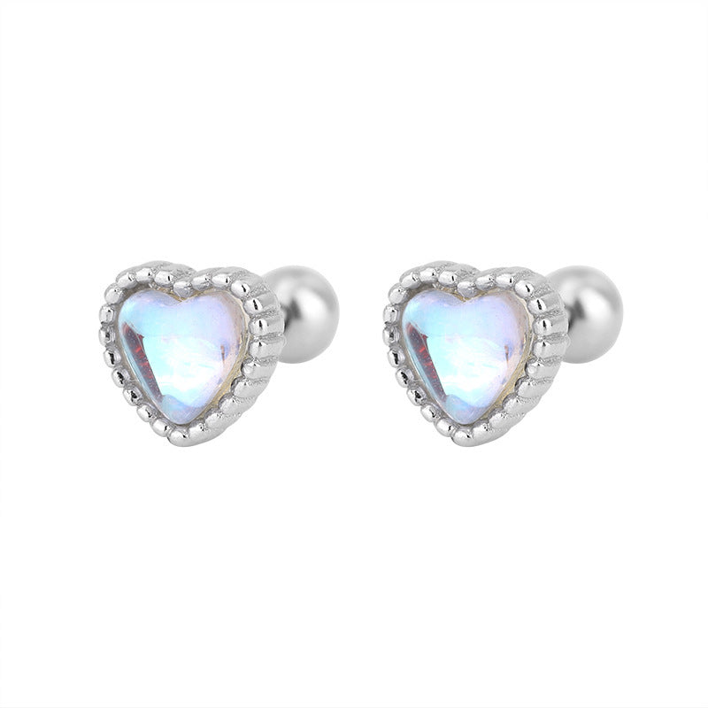 Screw Twist Ear Heart-shaped Moonstone Tightening Stud Earrings