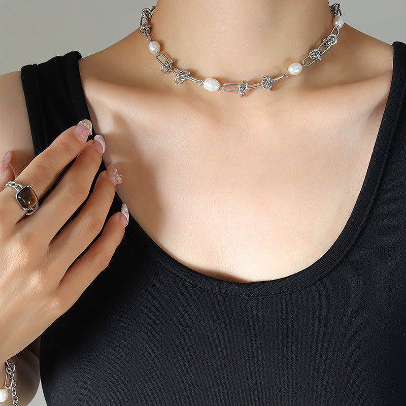Titanium Steel Vintage Elegant Freshwater Pearl Twisted Necklaces
