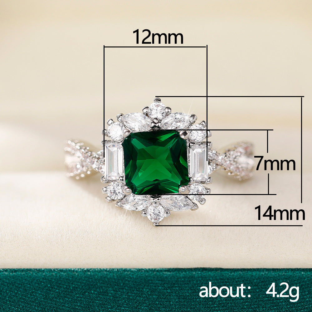 Women's Inlaid Grandmother Green Princess Square Zircon Rings