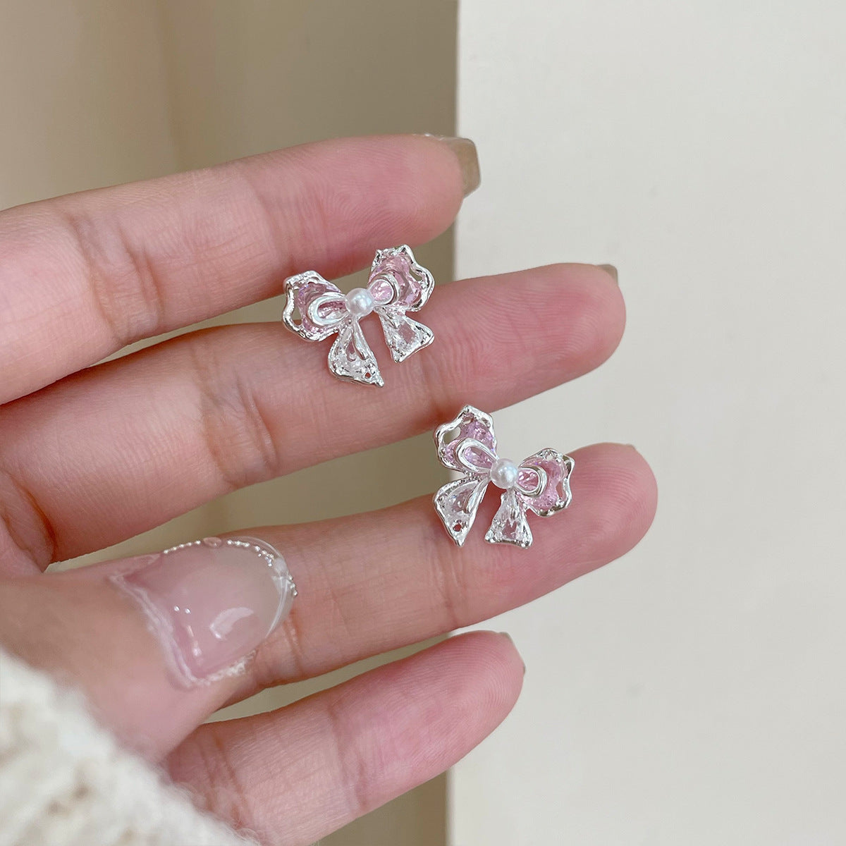 Pink Zircon Bow Female Sier Needle Korean Earrings