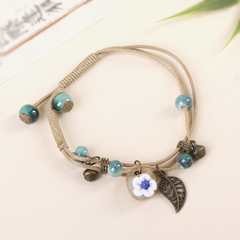 Women's Ceramic Flower Woven Ethnic Artistic Carrying Bracelet
