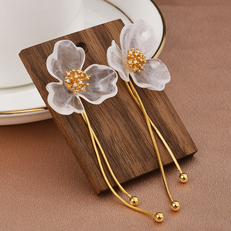 Ancient Chinese Style White Magnolia Long Fringe High-grade Stud Earrings