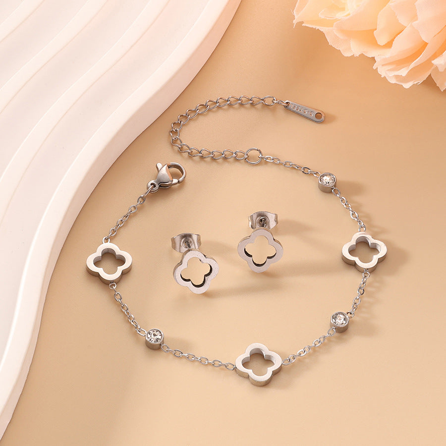 Fashion Stainless Steel Clover Flower Waterproof Colorfast Jewelry Set