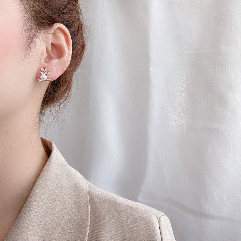 Exquisite Leaf Pearl Flash Zircon Wheat Eardrops Temperamental Rings