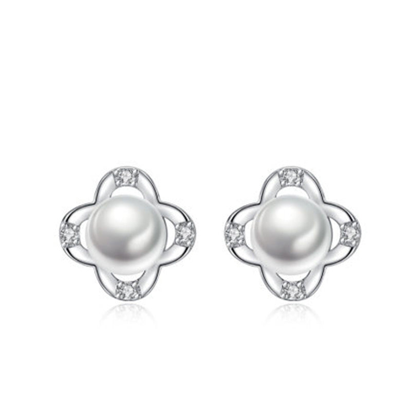 Flower Blooming Pearl Lucky Four-leaf Clover For Trendy Earrings