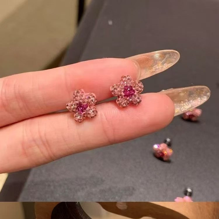 Women's Sweet Shiny Diamond Small Pink Flower Simple Fashion Good-looking Cute Stud Earrings