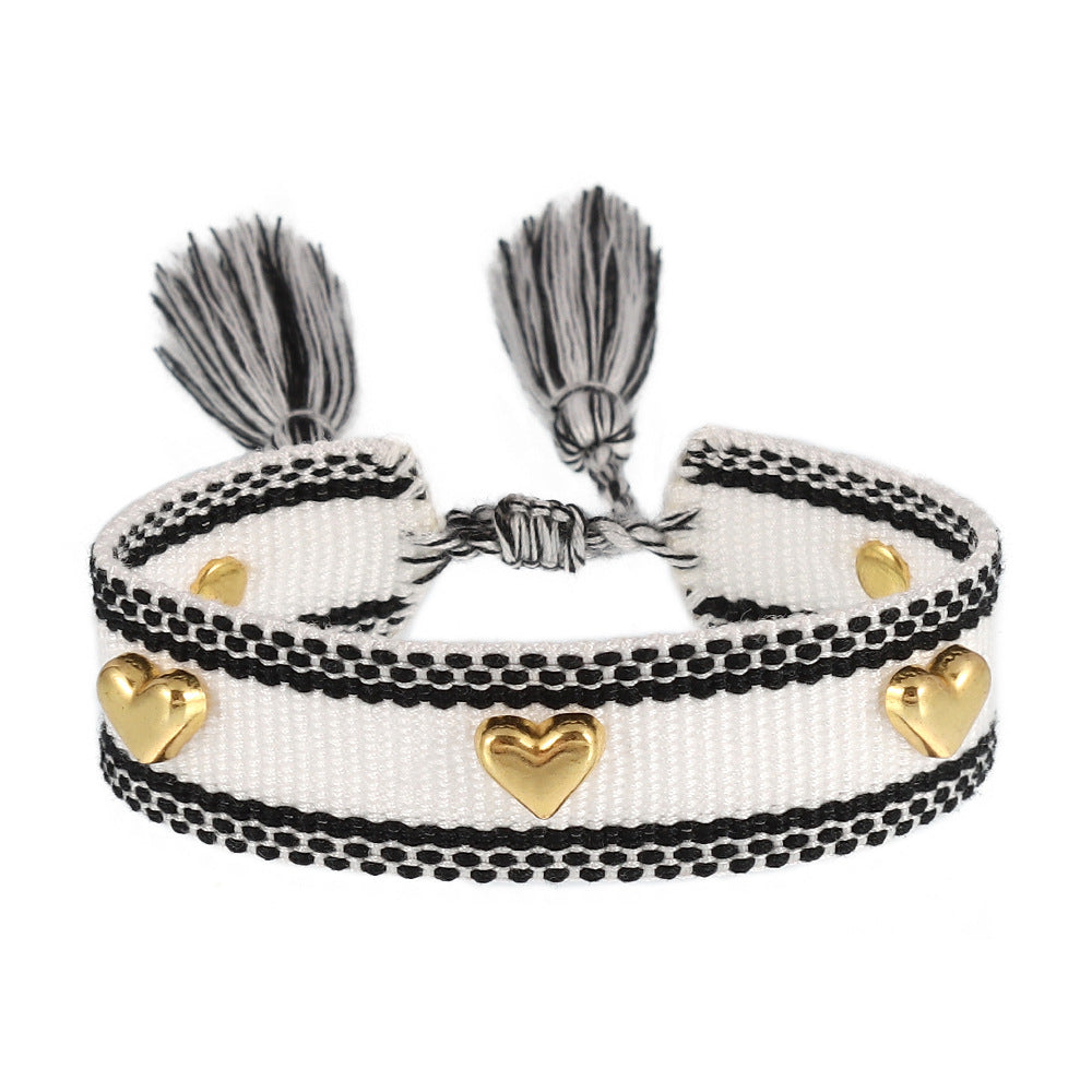 Couple Golden Heart-shaped Carrying Strap Hand-woven Tassel Bracelets