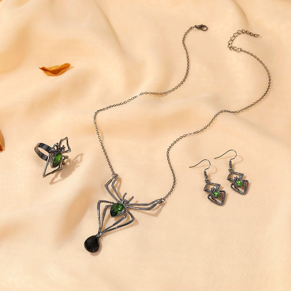 Halloween Three-piece Spider Retro Emerald Suit Jewelry Set