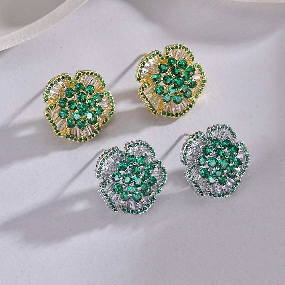 Green Inlaid Camellia Style Ear Niche Personality Design High-grade Stud Earrings