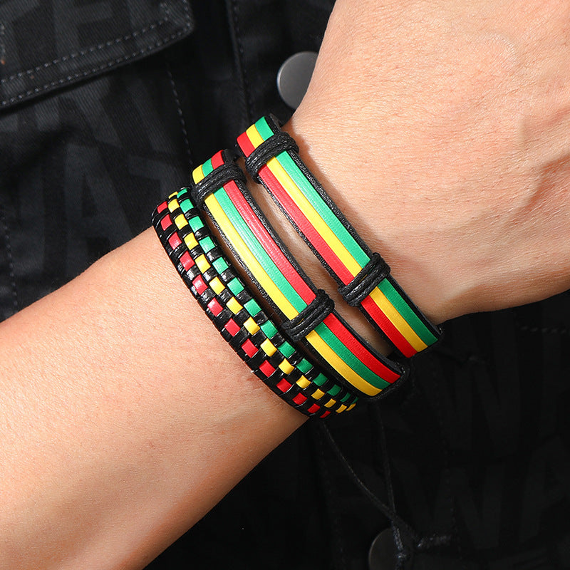 Jamaica Red Yellow Green Hand-woven Leather Bracelets