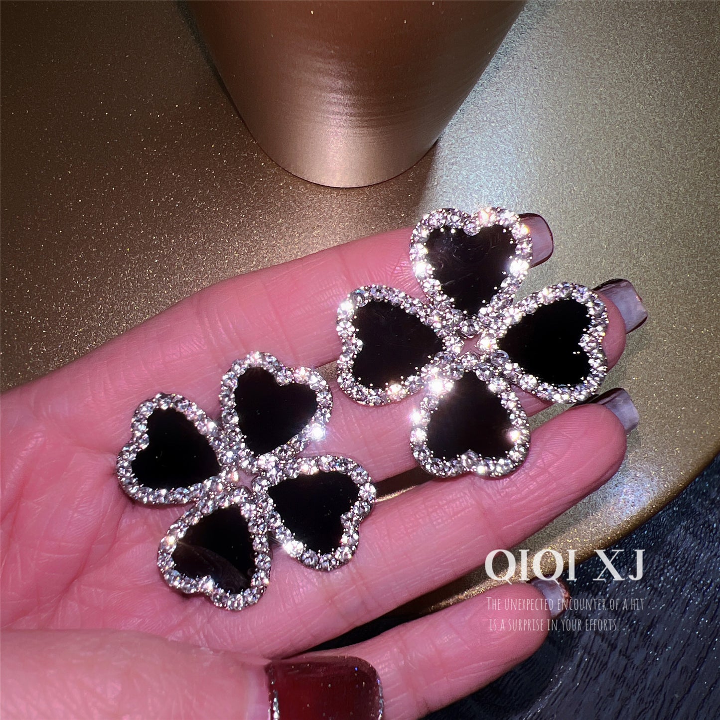 Black Drop Flower Inlaid With Rhinestone Earrings