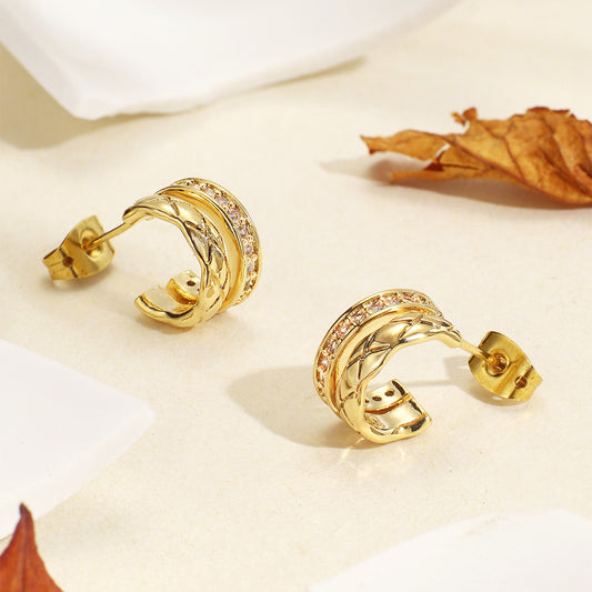 Copper Pin Retro Easy Matching Type Inlaid Zircon Striped Earrings