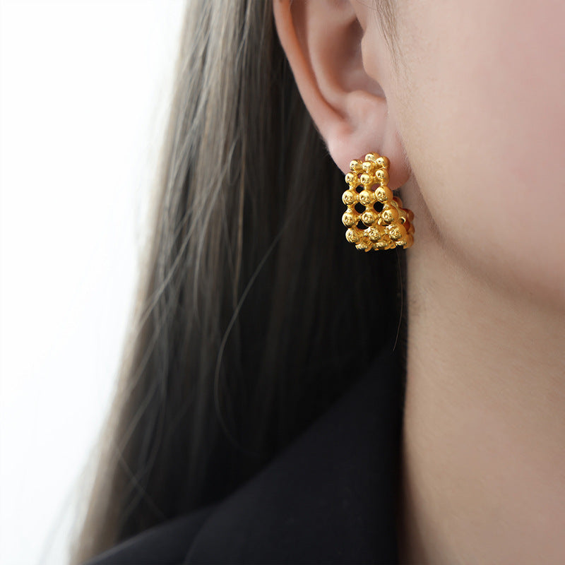 Hop Style Steel Ball Stitching Mesh Design Earrings