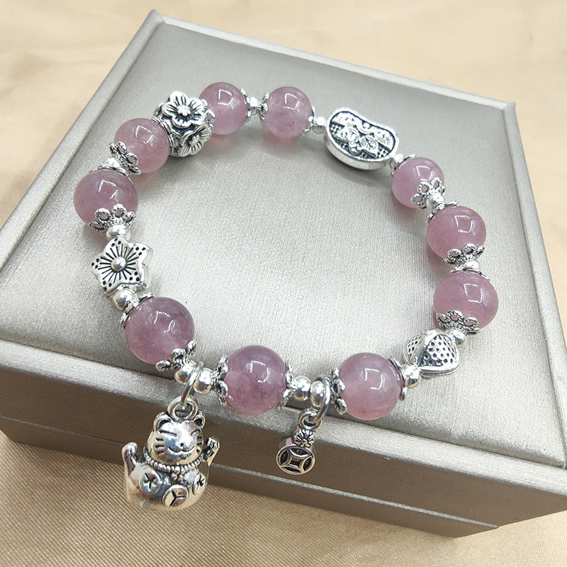 Style Imitation Sier Strawberry Quartz Lucky Cat Auspicious Bracelets