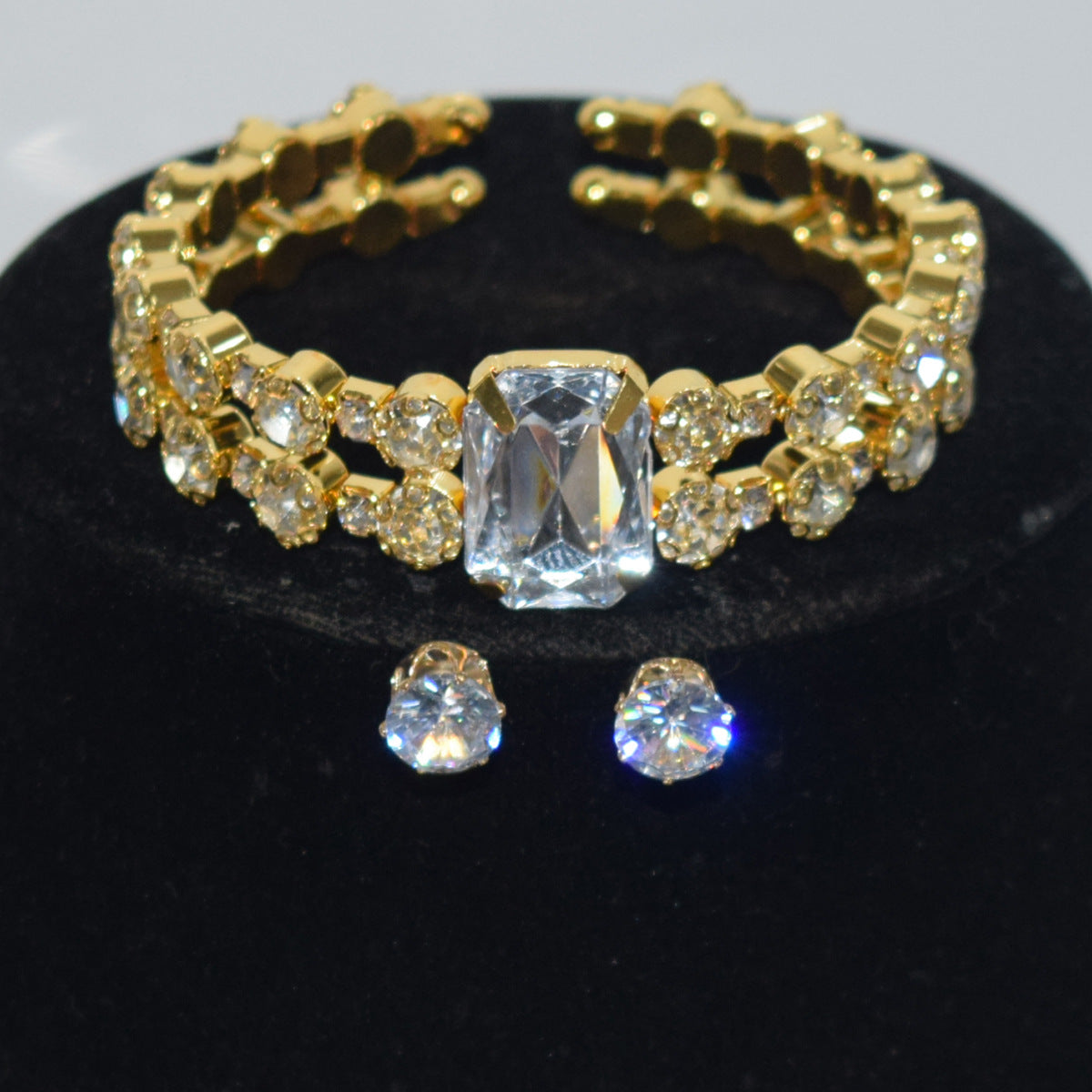 Bridal Double Row Gold Sier Collar Three-piece Diamond Claw Jewelry Set
