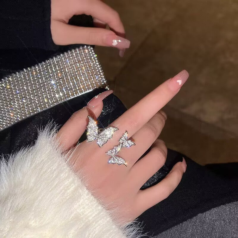 Full Diamond Butterfly Fashionable Exaggerated Light Luxury High-grade Three-dimensional Ring
