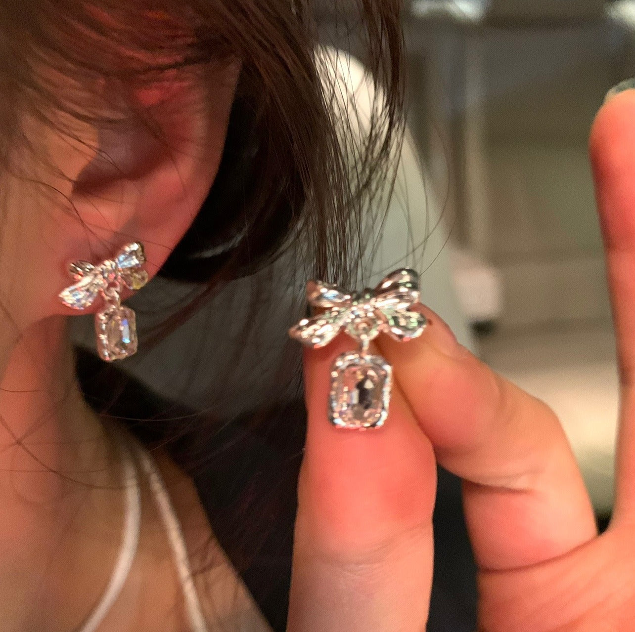 Times Bow Pink Diamond Auricular Needle Female Sterling Sier Light Stud Earrings